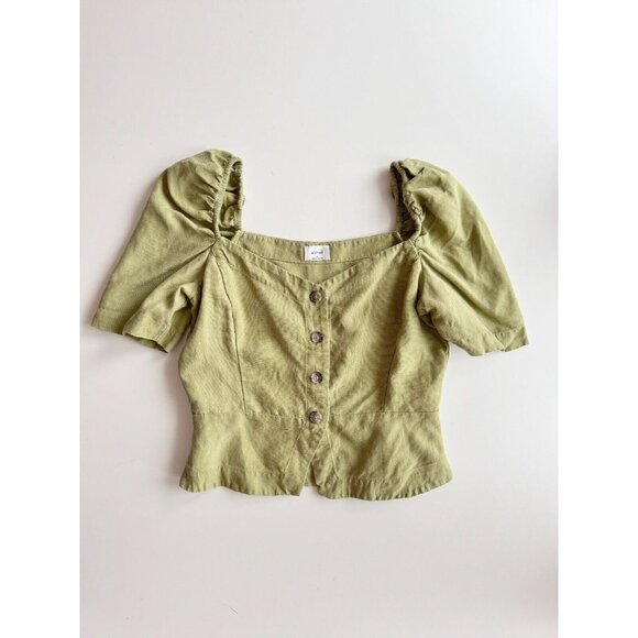 Aritzia WILFRED Janine Green Linen Blend Peplum Prairie Blouse Top, Size M - Picture 5 of 16